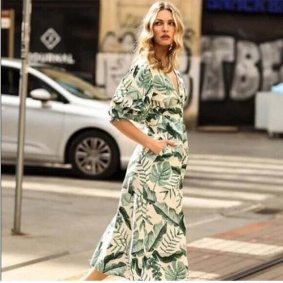 JOHANNA ORTIZ X H&M Linen Midi Dress Tropical Green Leaf Print Size XS - Picture 4 of 10